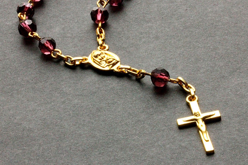 Purple Pocket Rosary. Crystal Rosary. Purple Rosary with Gold Tone Accents. Handmade Rosary.