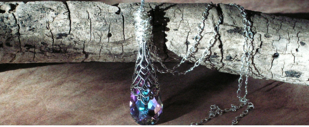 Violet Dreams Enchantment  Necklace in Princess Cut and Filigree Solid Sterling Silver Chain HUGE SALE