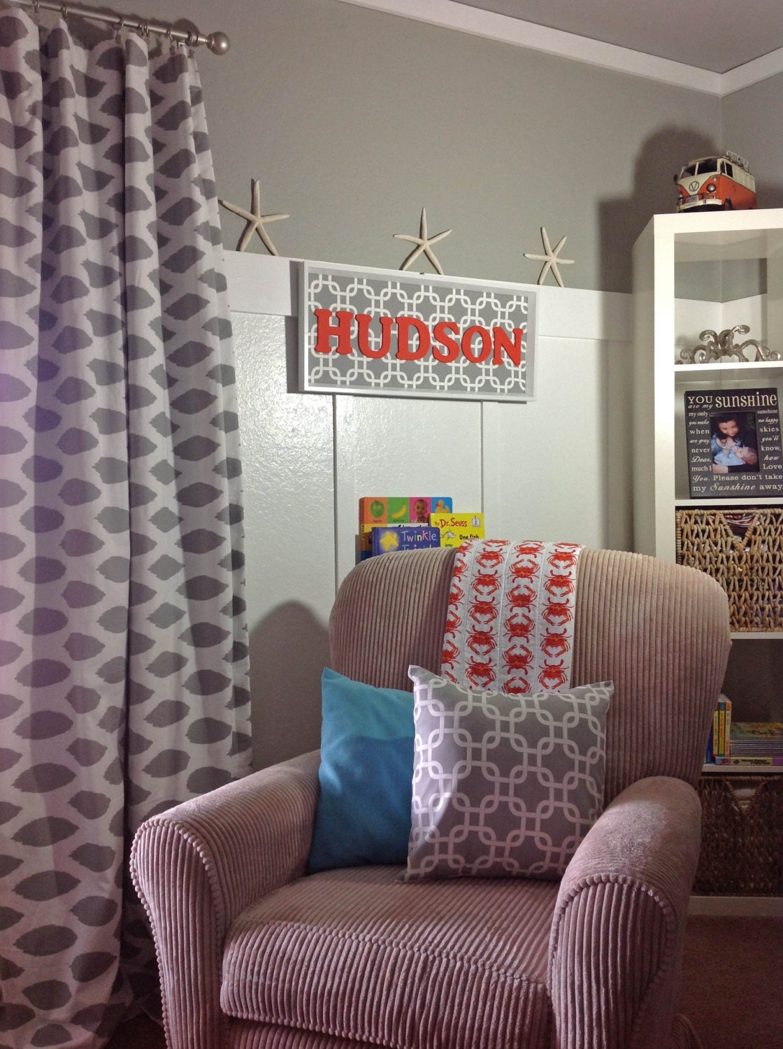 Personalized Fabric Inlaid Grey and White 28" x 12" Wall or Shelf Frame.
