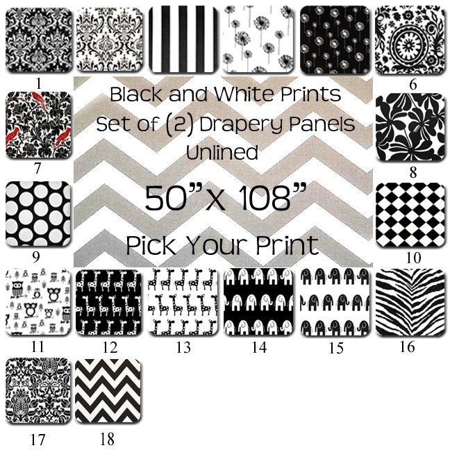 FREE U.S. SHIPPING  - Set of Two 50x108 inch Designer Rod Pocket-Clip Ring Drapery Panels. Black and White Prints - Unlined.