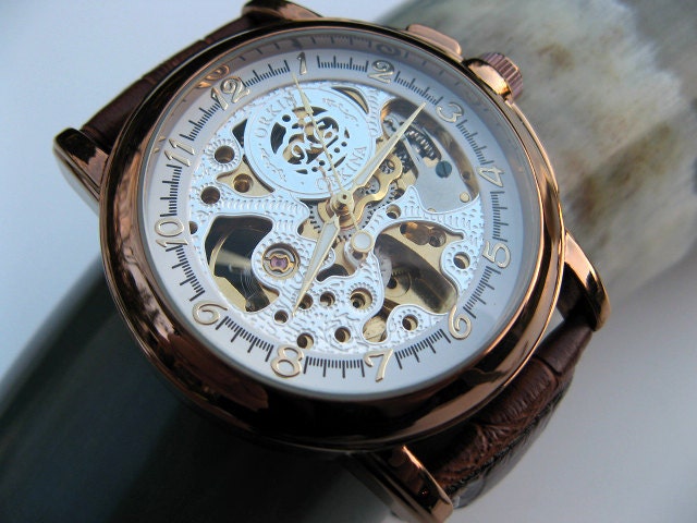 Copper Steampunk Mechanical Wrist Watch with Luxury Brown Leather Wristband - Men - Groom - Groomsmen - Watch - Item MWA57-cp