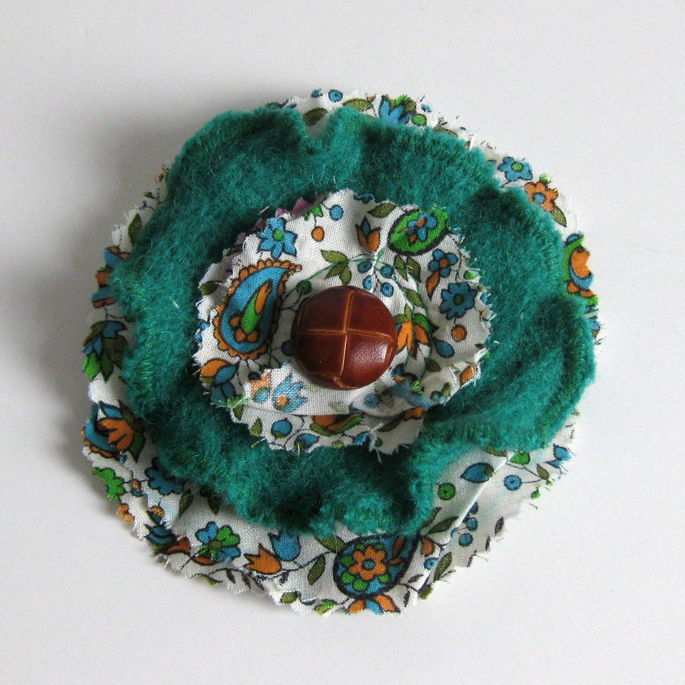 FLOWER BROOCH  - green  brooch - recycled brooch - flower pin - Lynn Minney Designs