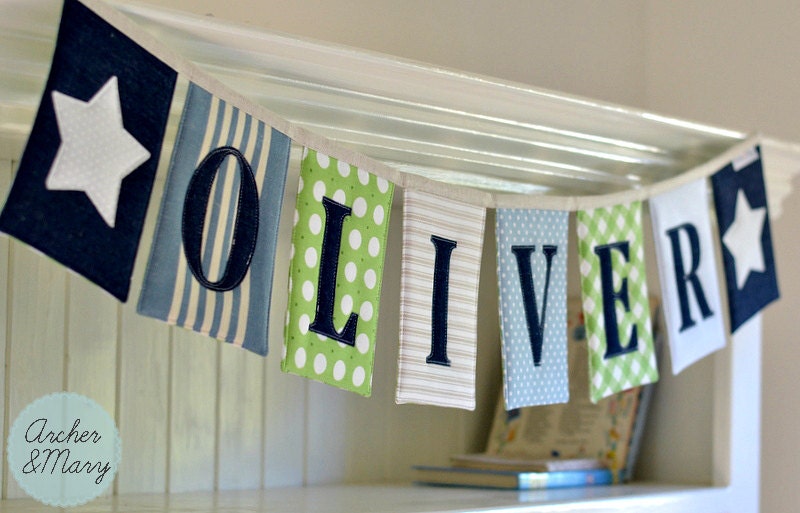 RESERVED FOR MORGAN - Custom Boy's Name Bunting - Blue, Green, Linen, Indigo Denim and White (7 flags)
