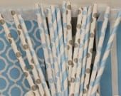 Grey and Blue Assorted Paper Straws, 30 Stripe and Dot Paper Straw Mix with Diy flag, Winter Weddings, Skating Parties, Princess Party