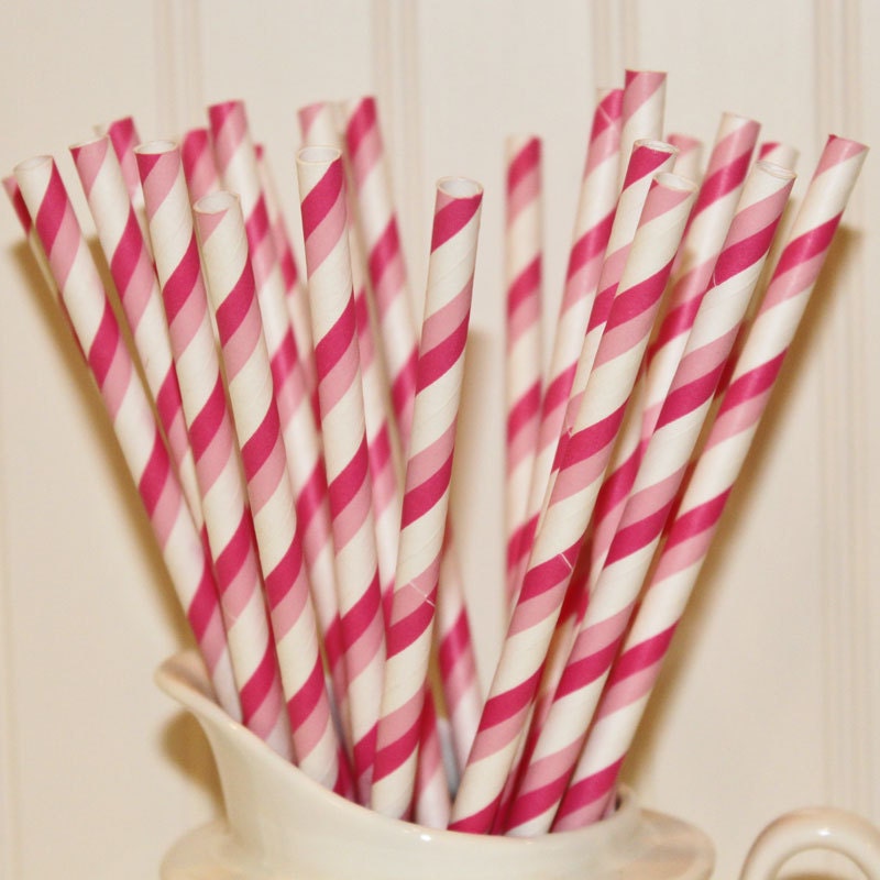 PInk Double-Striped Paper Straws, 25 Pink Double Stripe Paper Drinking Straws with DIY Flag, Princess Parties, Girls