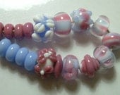 Pink, blue and white lampwork glass bead set SRA P97