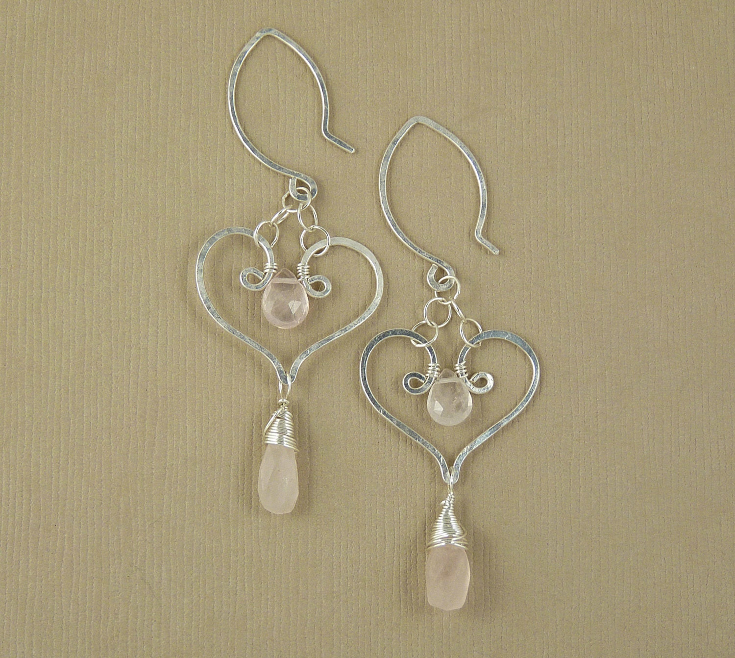 rose quartz wire wrapped earrings - sterling silver earrings - gemstone jewelry - heart jewelry