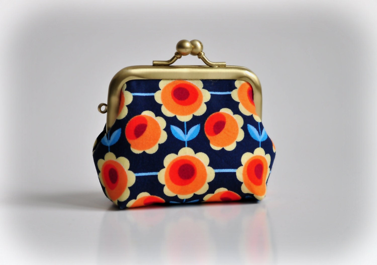 Coin Purse - Metal Frame Pouch - small - orange poppies on blue