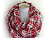 Red Plaid Infinity Scarf, Extra Wide and Long Fashion or Nursing Scarf, Lightweight Cotton