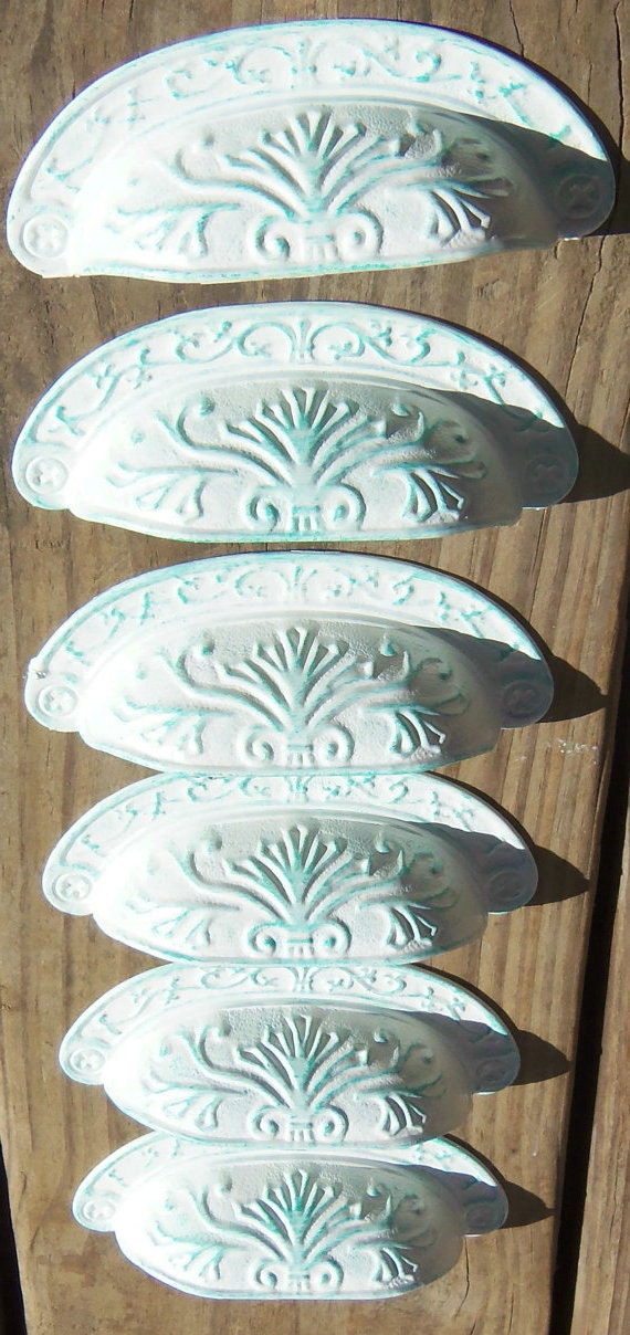 6 Bin Cup Pulls Ivory Off  White with Patina Accent Shabby Distressed Cottage
