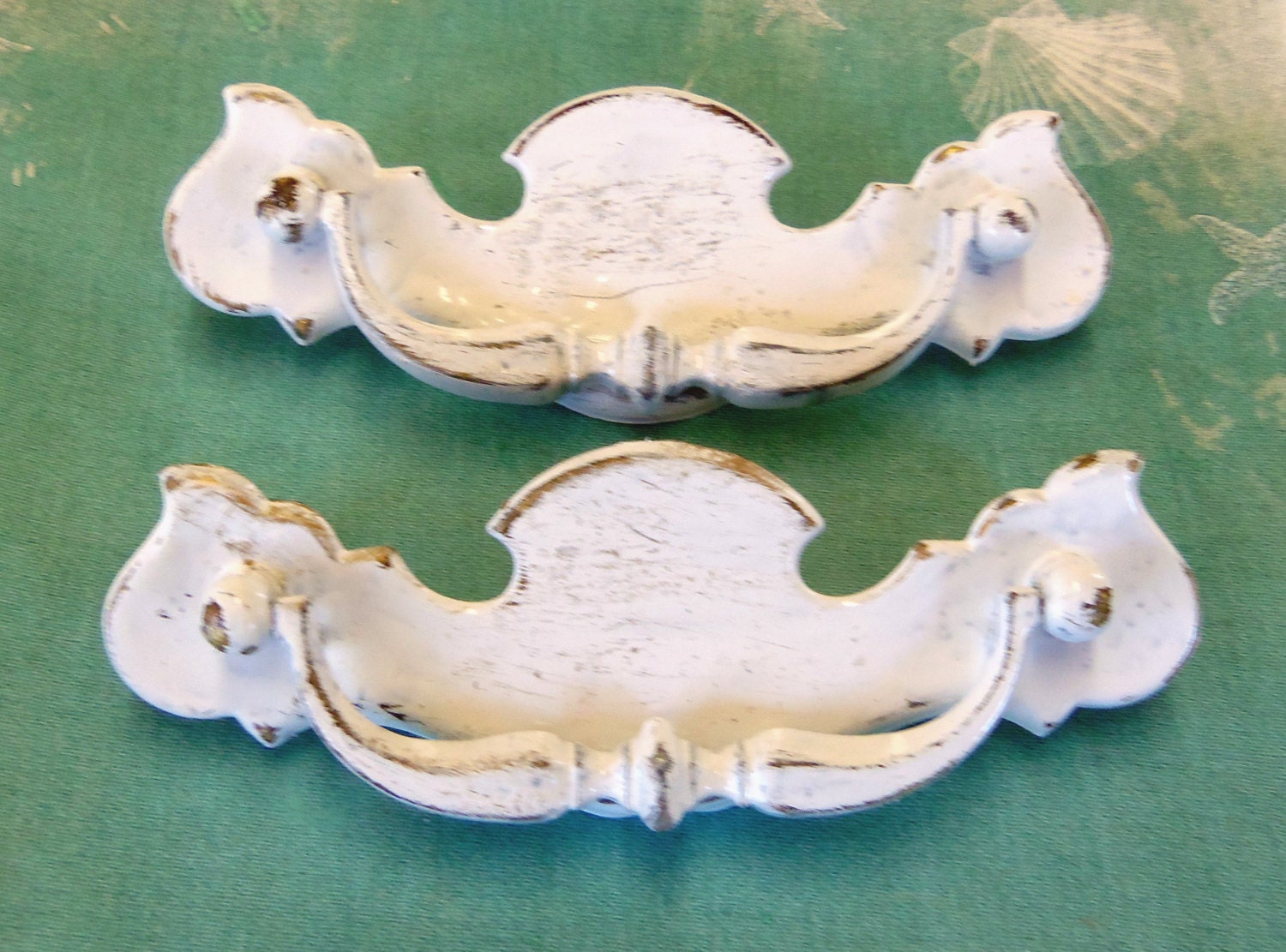 2 Vintage Chippendale Pulls White Shabby Cottage Chic Chippy Distressed 5 Inches Long 3.5 Inch Centers