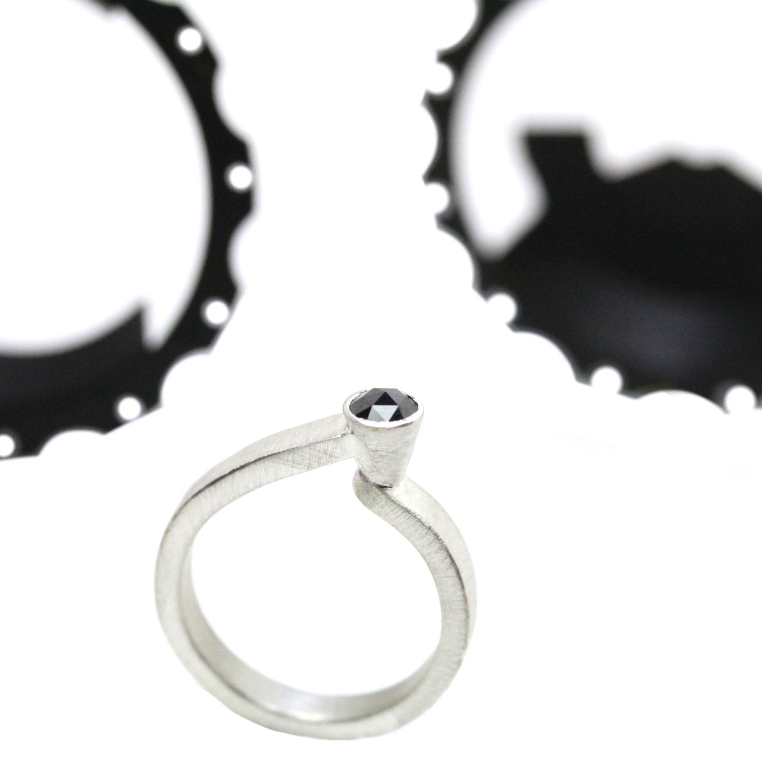 Modern Black Diamond Engagement Ring - Black Dot