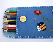 Bee pencil case, blue felt