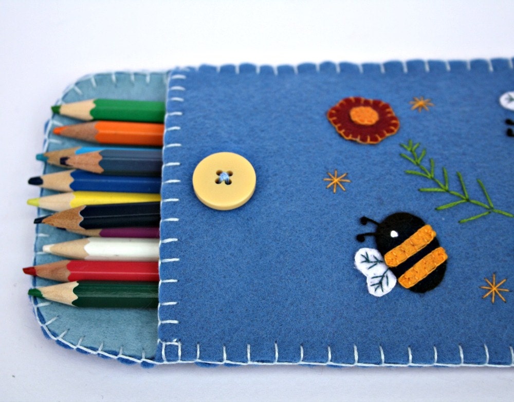 Bee pencil case, blue felt