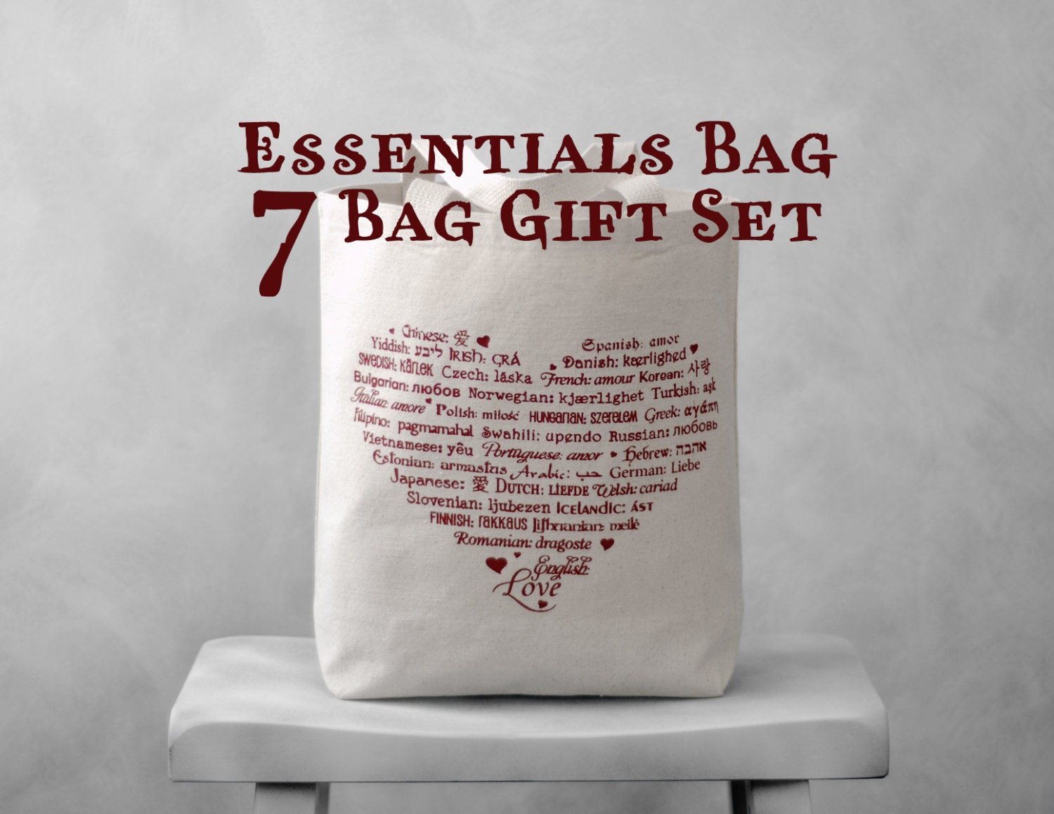7 Bridesmaids Gift Set - LOVE Languages Totes - Essentials Bag - Canvas Bag - Natural and Black