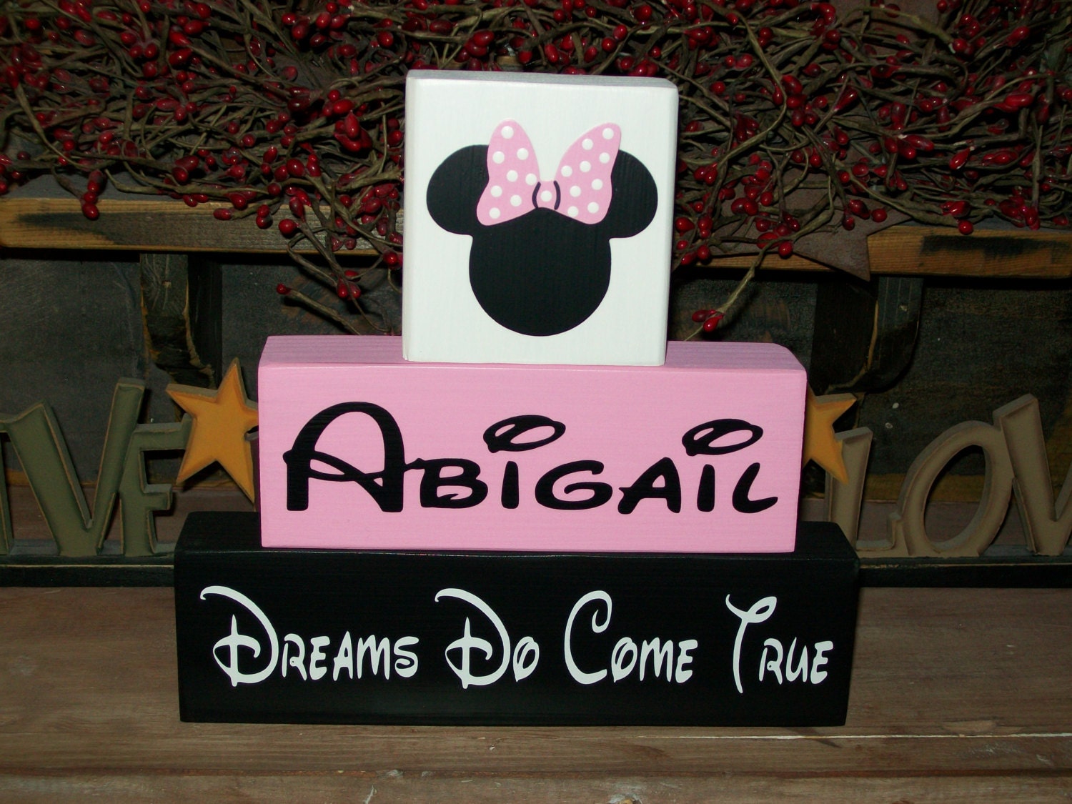 Personalized Minnie Mouse Wood Sign Shelf Blocks Dreams Do Come True Nursery Kids Room Decor Baby Girls Boys Kids