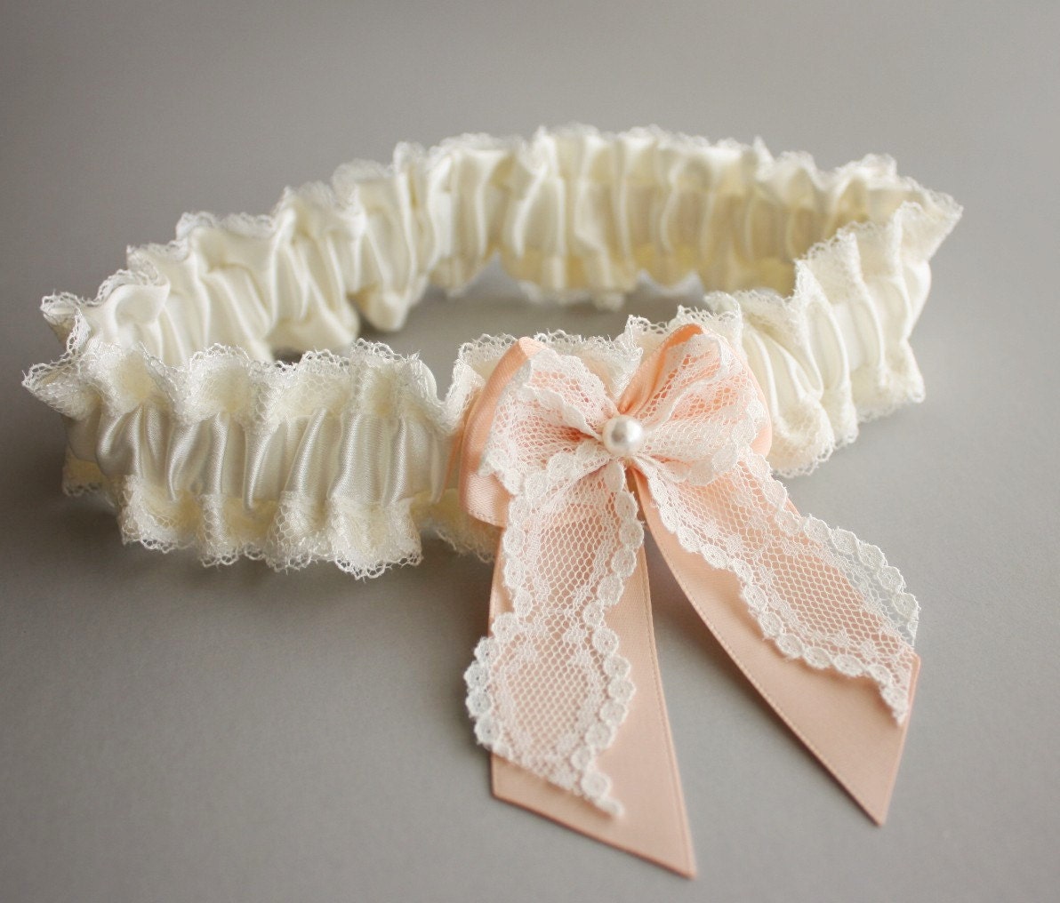 Silk & Lace Bridal Garter SET -- Ivory and Peach - Audrey (Custom Colors Available) - Vintage Inspired Wedding Garter with Toss Garter