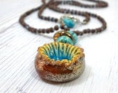 Ceramic pendant Flower Necklace, Golden brown Statement Necklace, Ceramic Jewelry