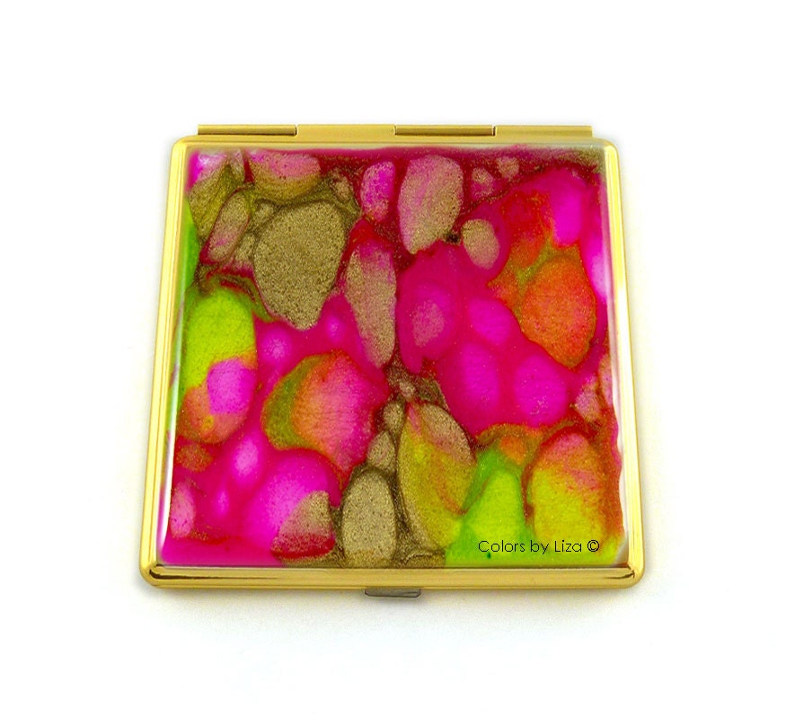 Compact Mirror Fuchsia Lime Green and Gold Hand Painted Pocket Mirror Glossy Enamel Finish