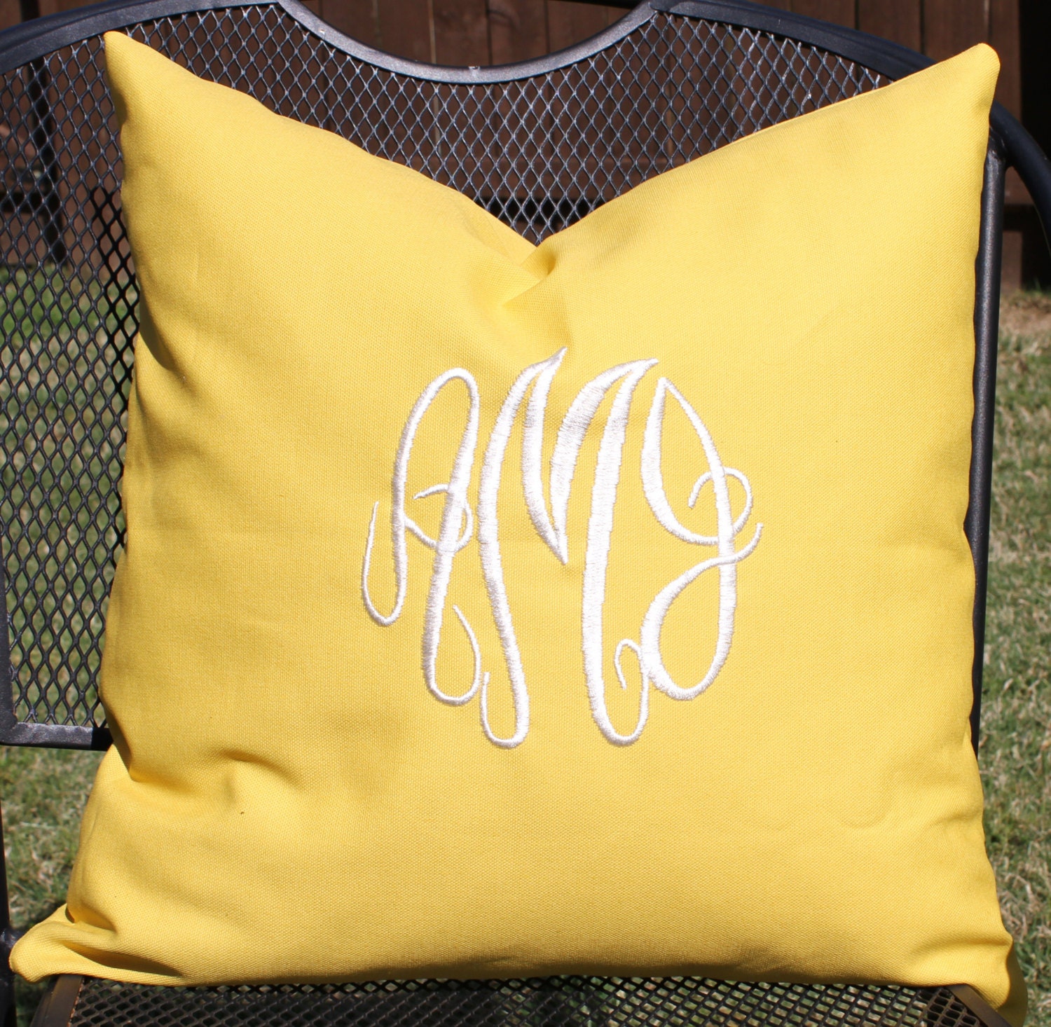 Monogrammed Personalized Pillow Cover 18" x 18" Yellow Cotton Fabric with White Embroidery