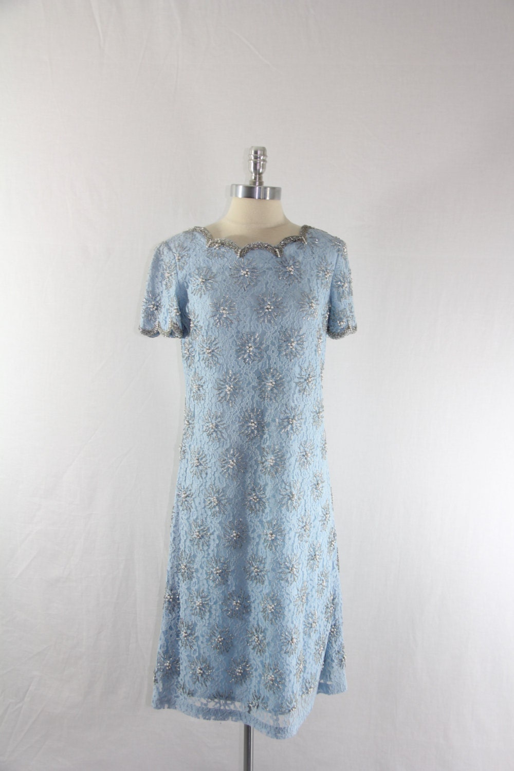 1960s Beaded Dress - Vintage Blue Heavily Beaded Cocktail Party Dress