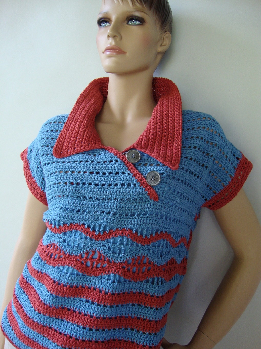Crochet Top - Striped Blue/Brick Red Cotton/Linen Pullover, XS/S and M/L