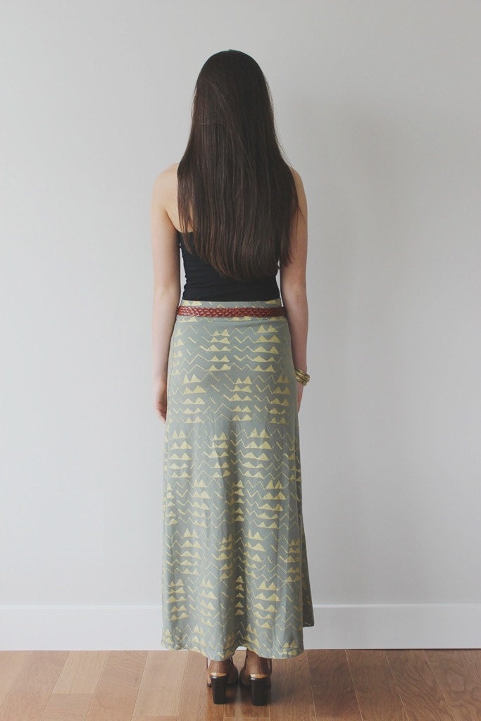 Hand Printed 'Mountain' Maxi Skirt in Gold on Fern - thiefandbandit