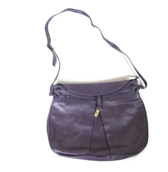 80s Boho Purple Leather Pleated Shoulder Bag