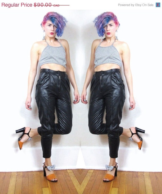 20% OFF VACATION SALE 80s Black Leather High Waist Skinny Cropped Biker Pants (Xs)