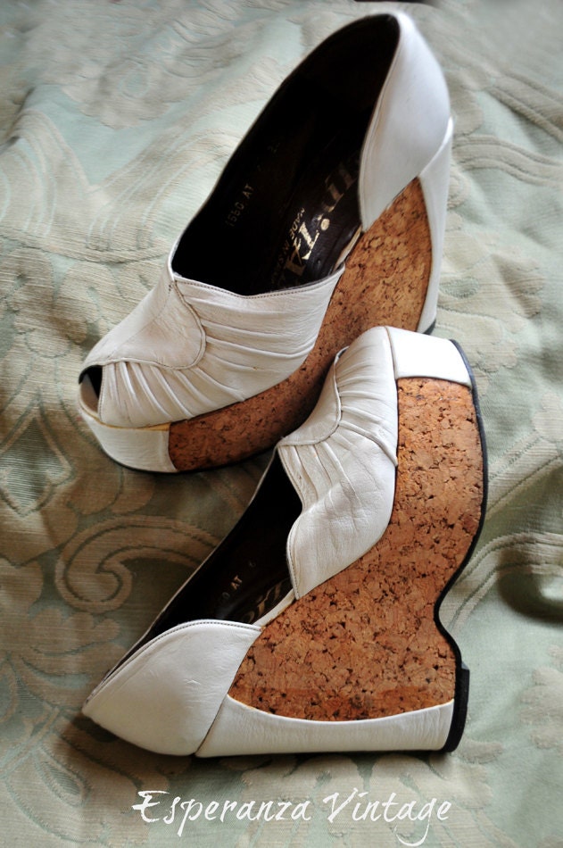 Rare and Sexy "EL DITA'S" 1970s White Leather Pin-Up Style Cork Platform Heels Made in Spain