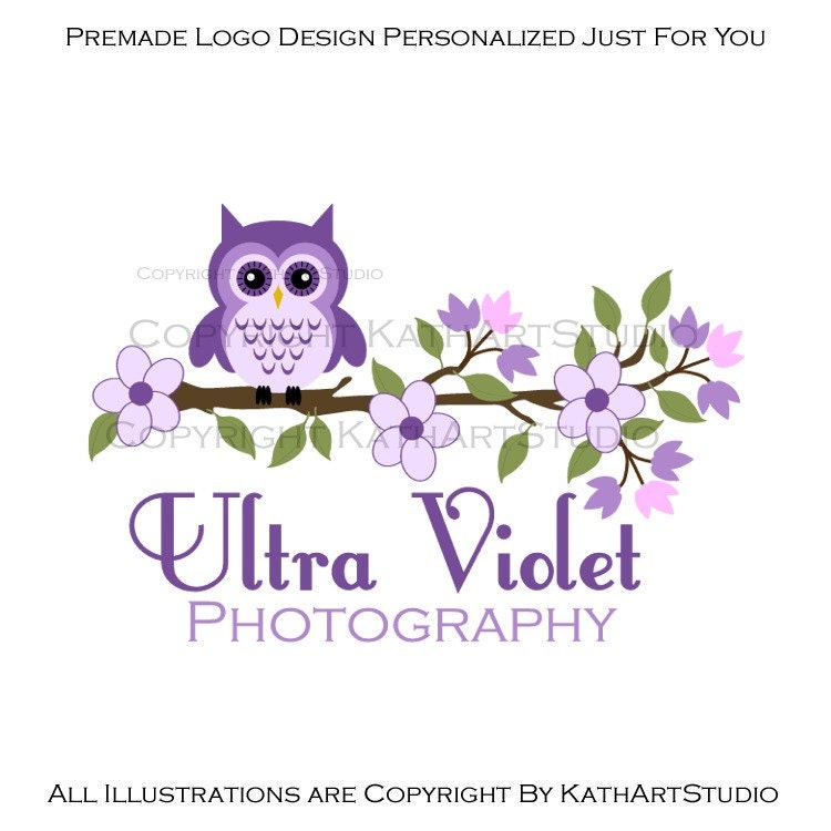 Premade Business Logo Design Owl on Floral Branch 80 Ultra Violet