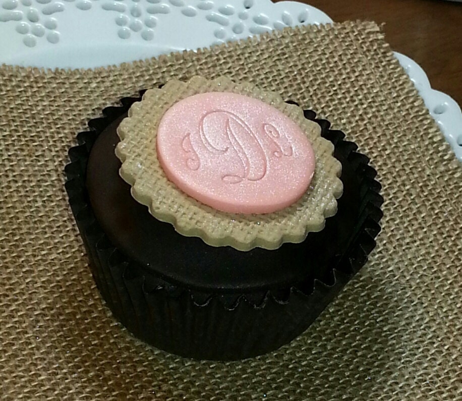 Fondant Cupcake Topper with Monogrammed Center - Edible Cupcake Decoration, Looks like burlap but its fondant