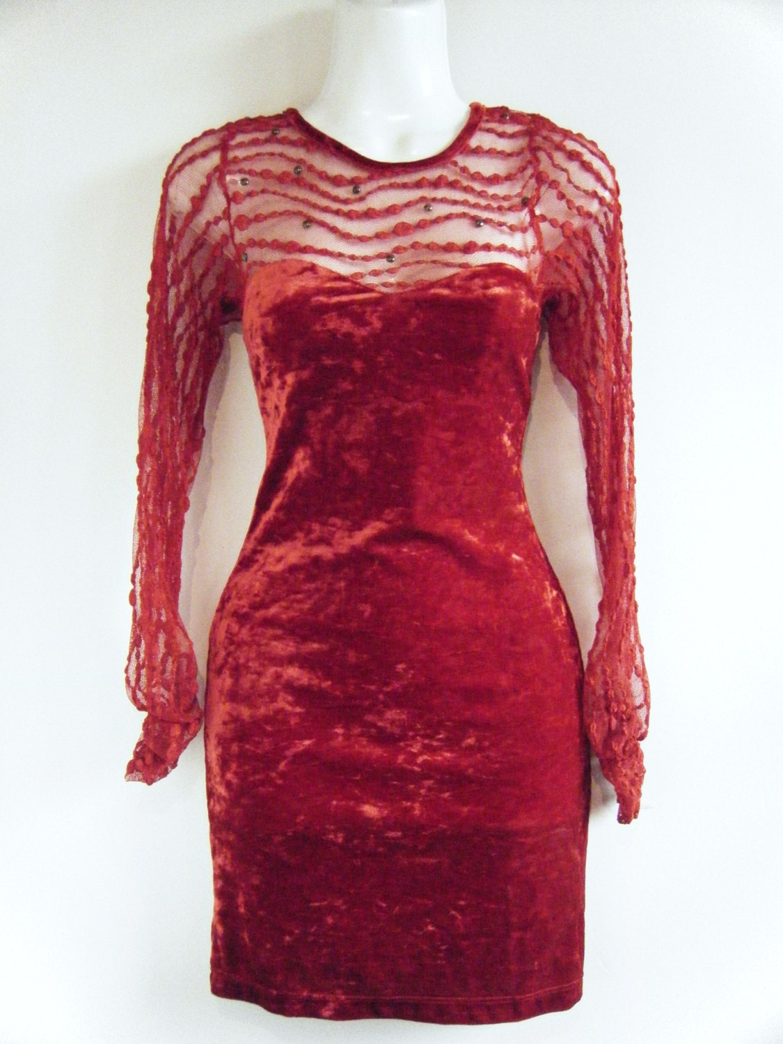 80s BODYCON dress / RED crushed velvet  / sweetheart bust with mesh and STUDS / size small