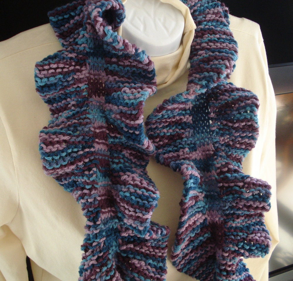 Ruffled Potato Chip Scarf Hand Knit in Variegated Blue and Lavender