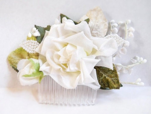 Velvet white rose hair comb with pearl leaves  "downton abbey"