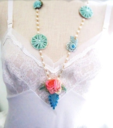 vintage pink ribbon rose pearl necklace