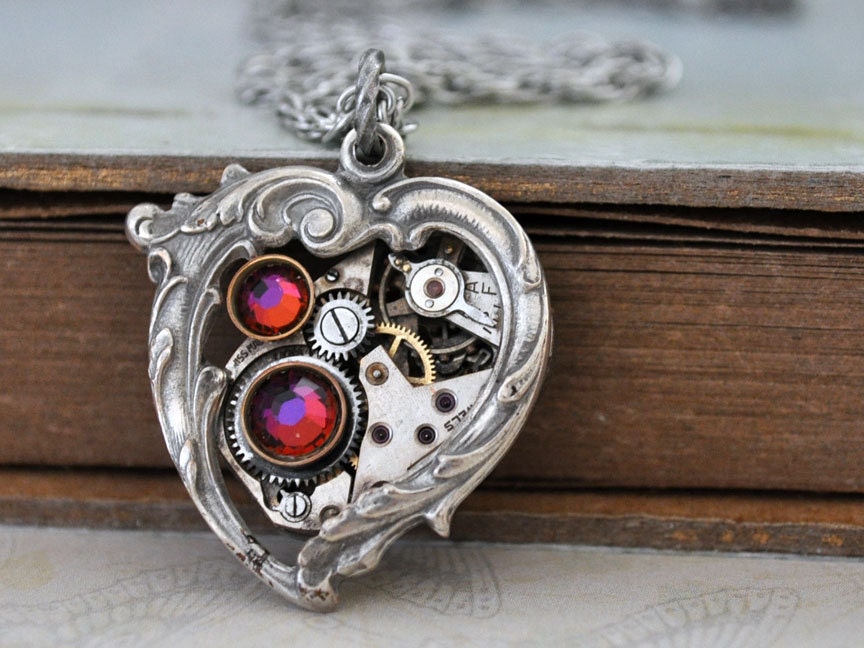steampunk jewelry - In My HEART All the TIME - Victorian style antiqued silver heart necklace with vintage watch movement