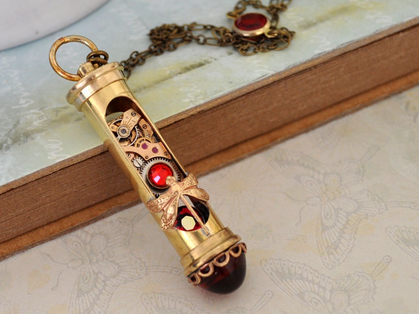 steampunk necklace - FLOW OF TIME - brass sand timer long necklace with vintage watch movement and dragonfly charms