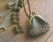 mini purse necklace - moss green and flowers