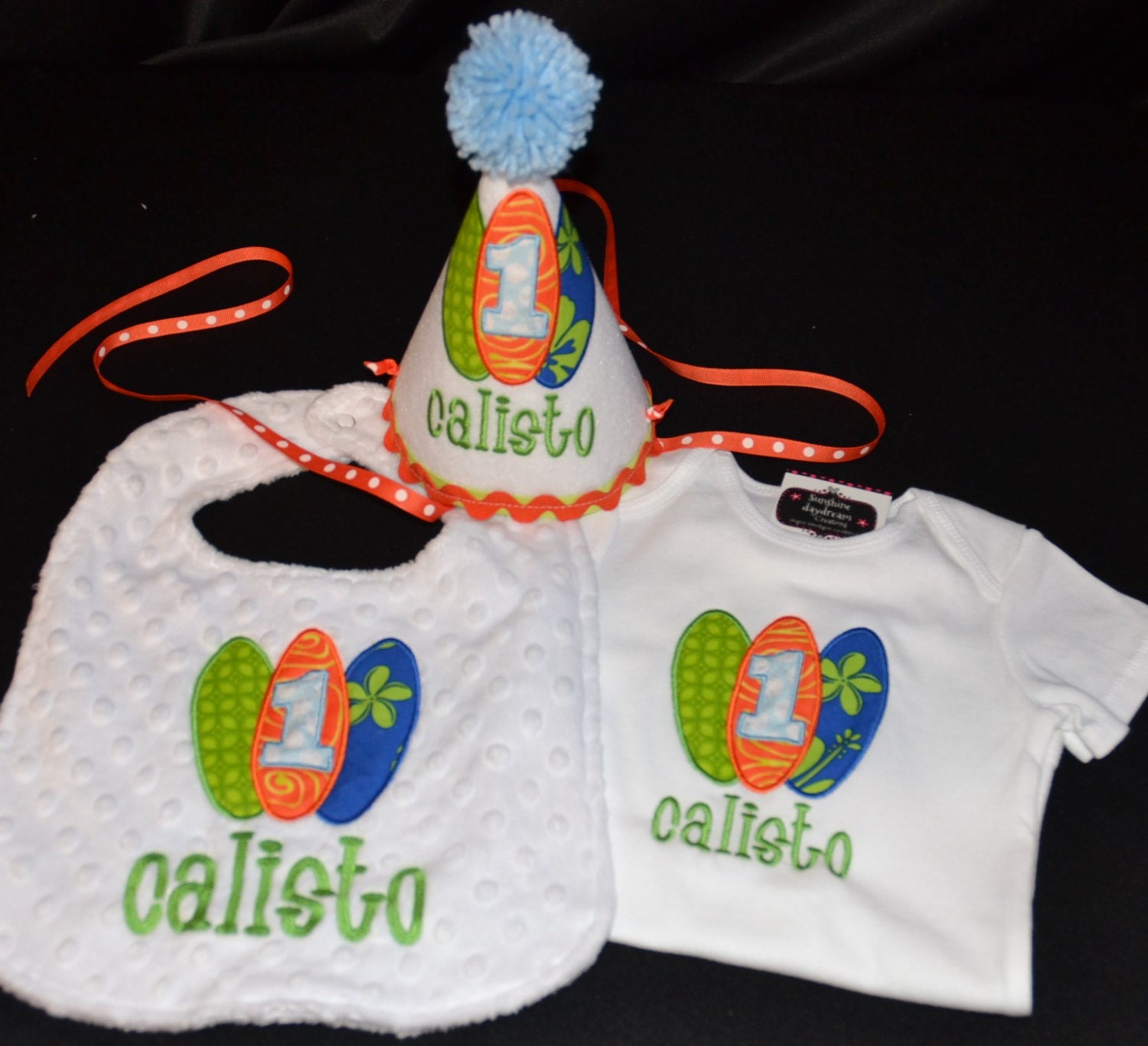 1st Birthday Shirt/Onsie Hat and Bib Combo Set Surfboard Hawaii Hawaiian Theme or have me create a set in your theme and colors