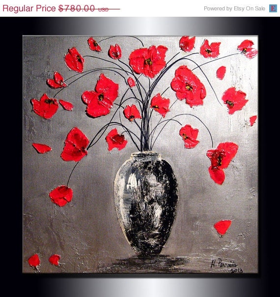 Blooming Poppies Original Contemporary Textured Floral Painting on canvas by Henry Parsinia 30" ready to hang