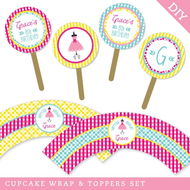 Dress-up theme party - Personalized DIY printable cupcake wrapper and topper set