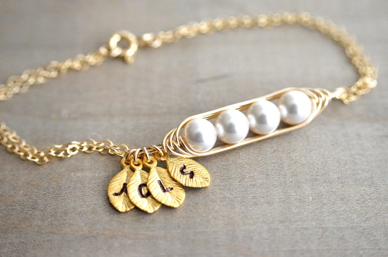 Mini / Tiny Personalized 4 Peas in a Pod Bracelet wrapped in Gold Filled Wire - Choose your Initial and Pearl Color - Mother's Day