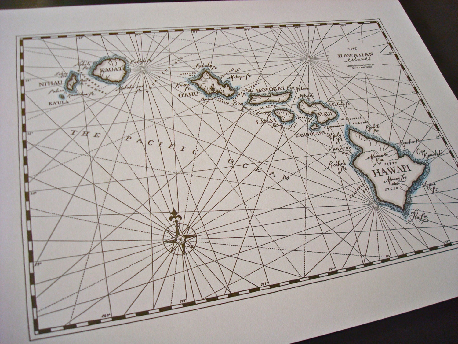 Hawaiian Islands, Letterpress printed Map