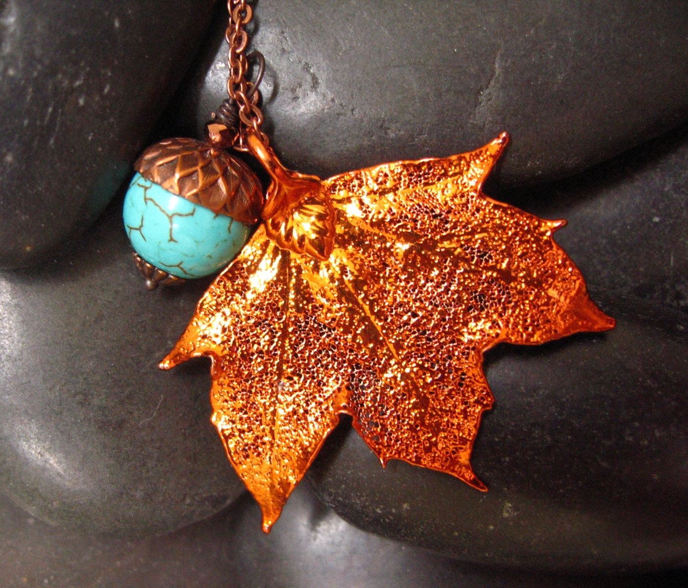 Real Leaf Necklace - Real Sugar Maple leaf in Iridescent Copper - Turquoise Acorn bead - Antique Copper Cable chain