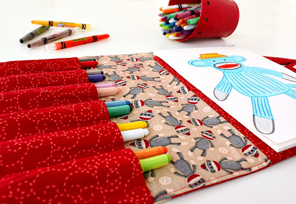 Travel toy for kids - large crayon wallet - crayon bag - Retro Sock Monkeys