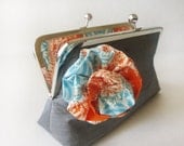 Turquoise Orange Clutch Wedding - Gift Ideas - Kisslock Handbags Bag Purse - Flower Brooch - Handmade by Lolis Creations