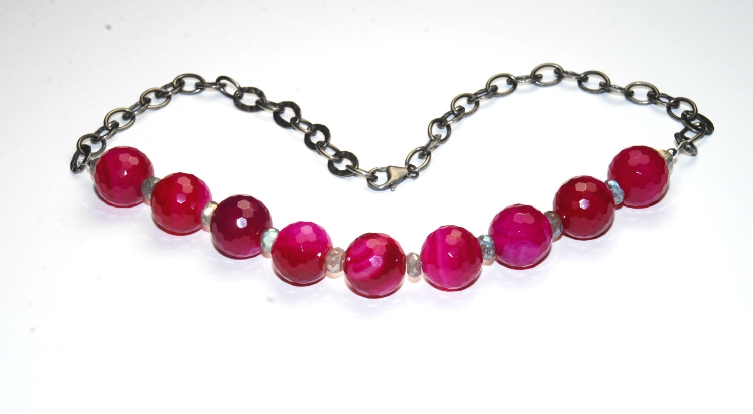 Pink Agate Necklace - Labradorite Gemstone - Sterling Silver - Chunky- Statement Necklace