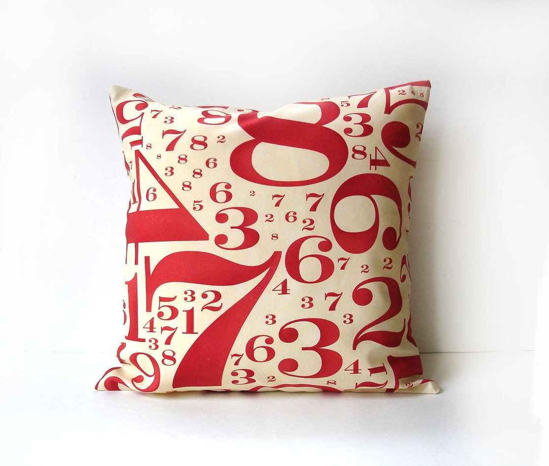 Throw pillow red and cream cotton fabric, typography numbers accent pillow complete with insert