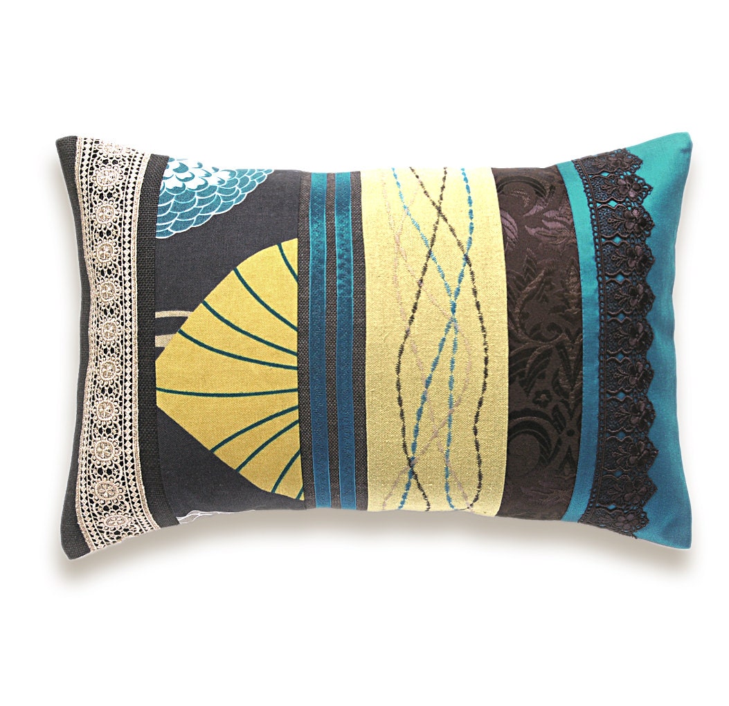 Teal Beige Mustard Chocolate Embroidery Lumbar Pillow Case OOAK 12 x 18 in IRMA DESIGN